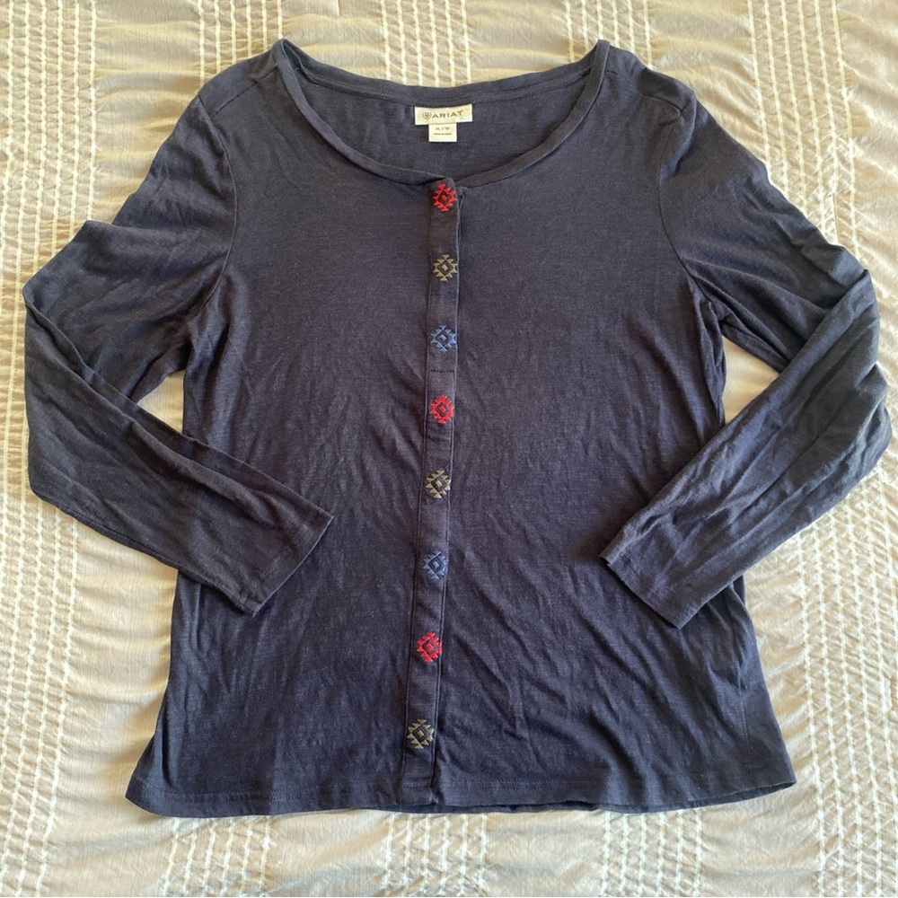Ariat Maize Long Sleeve Top Floral Embroidered Button Down XL Womens Navy Blue